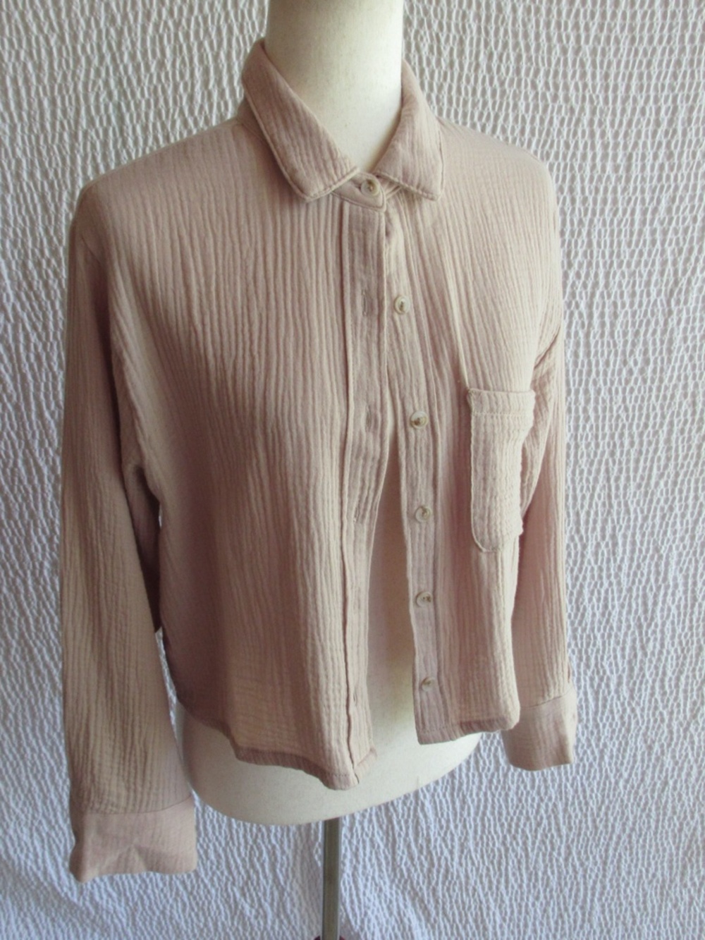 Women's S Tan Gauze Top Button Shirt 100% Cotton Long Sleeve Iris Waist length